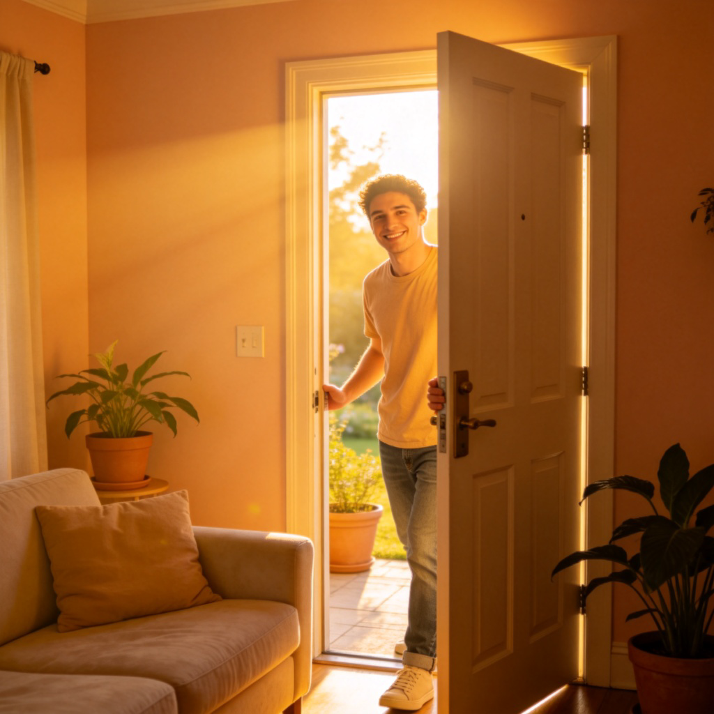 A person standing in a doorway, holding the door open with a friendly smile. Bright, warm sunlight is streaming into a cozy room from outside. The scene feels inviting and open. Clear, photorealistic style. No text.