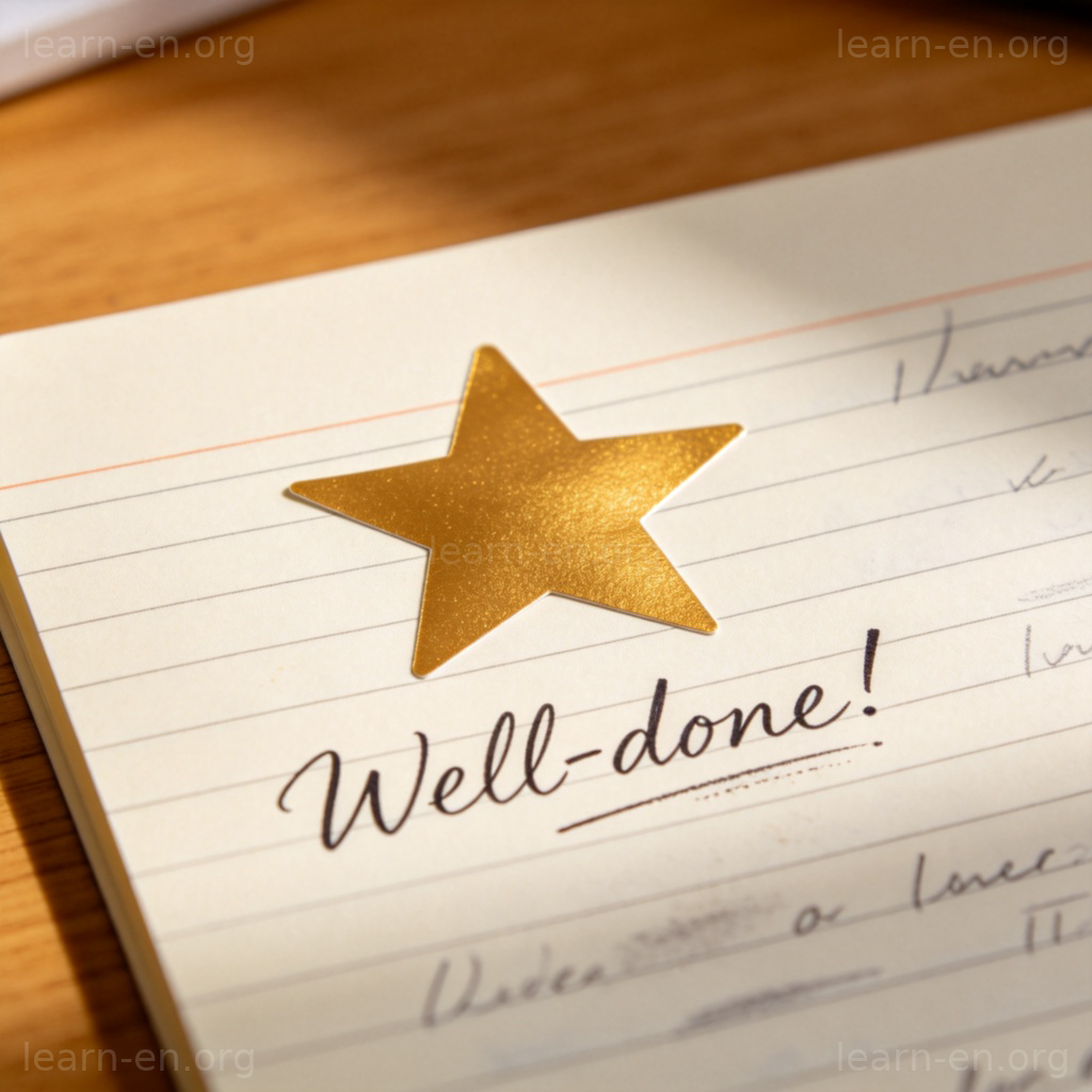 well-done 表扬图解：作业上贴有金色星星和表扬语