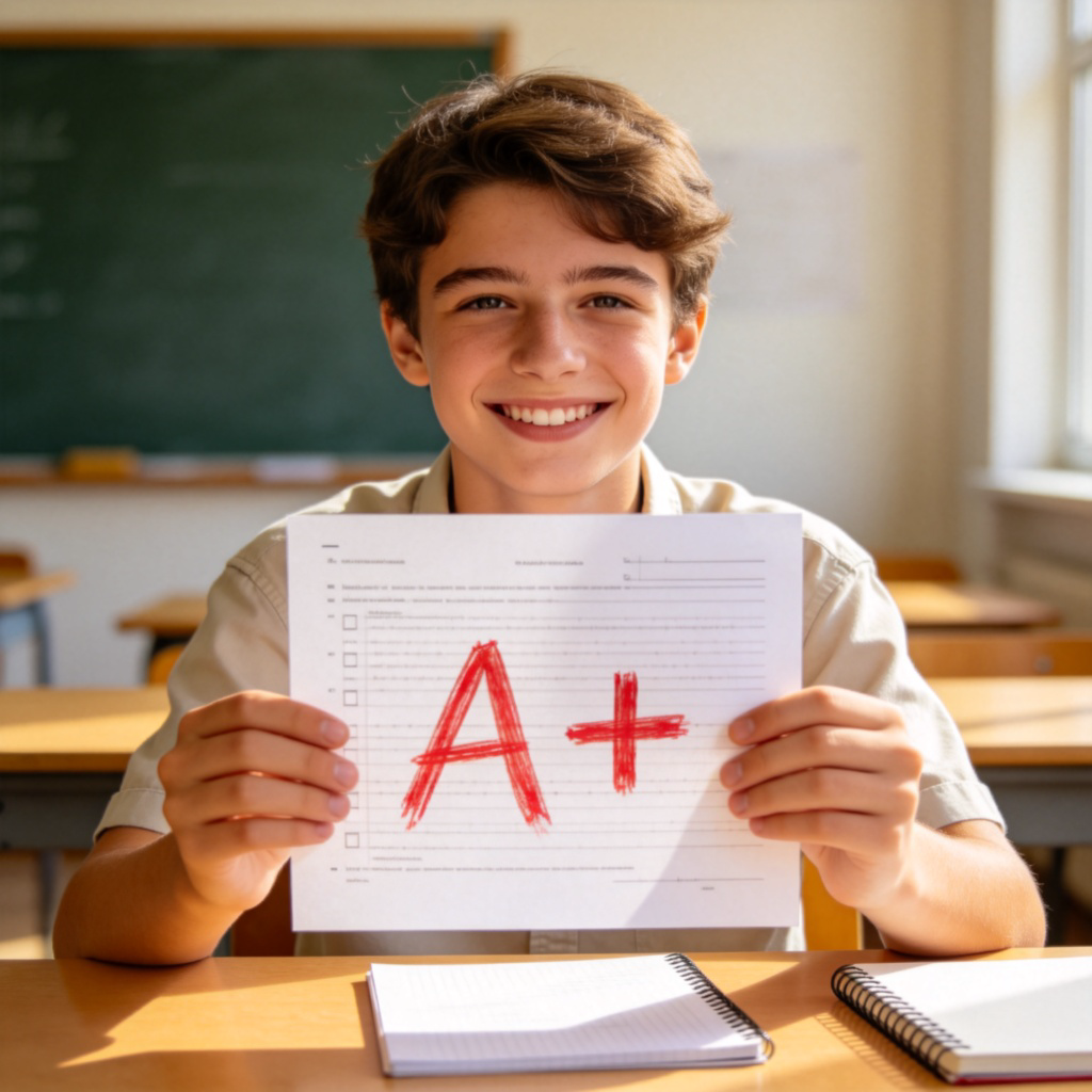 A smiling student holding up a test paper with a big 'A+' grade written in red ink. The student looks proud and happy. Simple classroom background with a desk and a notebook. Bright, clear lighting.