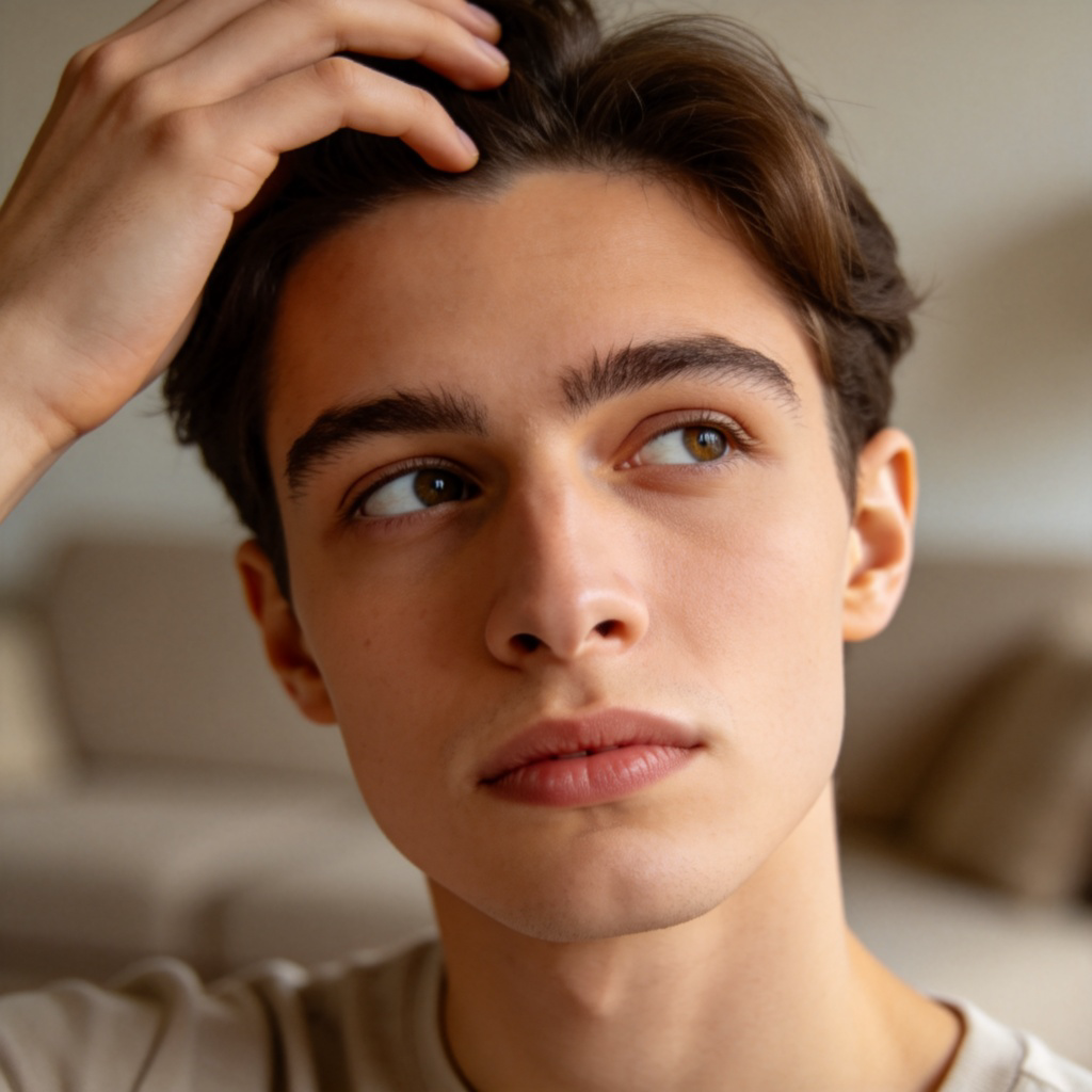 A person with a thoughtful expression, scratching their head lightly while looking slightly to the side, as if pondering a question. They are standing in a neutral indoor setting like a living room. The focus is on their face and gesture.