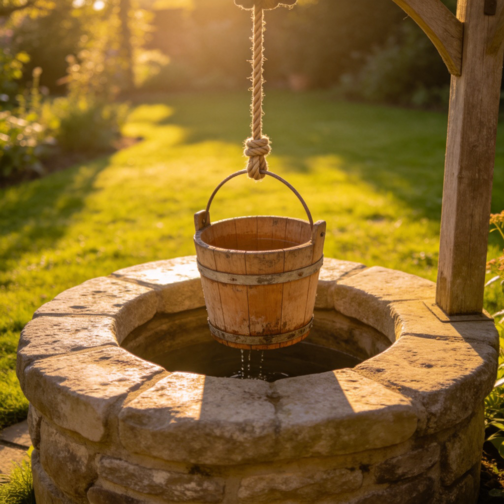 A classic stone well with a wooden bucket hanging from a rope over the round opening. The well is in a sunny garden with green grass. The scene is peaceful and traditional.
