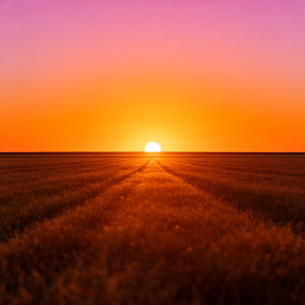 A wide landscape photograph with a spectacular golden sunset. The sun is just above the horizon in the center of the image. The sky shows warm orange and pink hues. The foreground is a simple, flat field or beach to emphasize the direction. The composition clearly shows the sun setting in the west. No text.