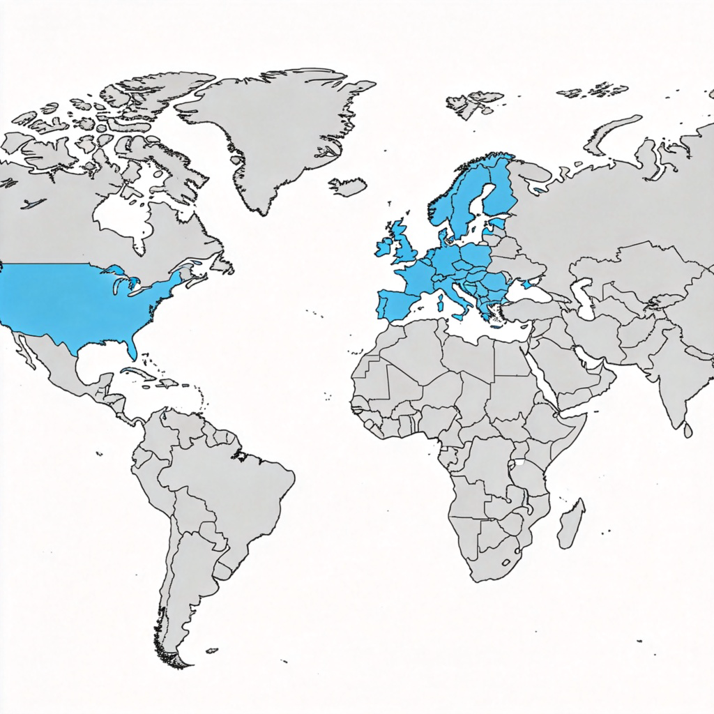 A detailed political world map, clearly highlighting the continents of Europe and North America in a different color to indicate the Western Hemisphere. Simple, clean, educational style. No text or flags.