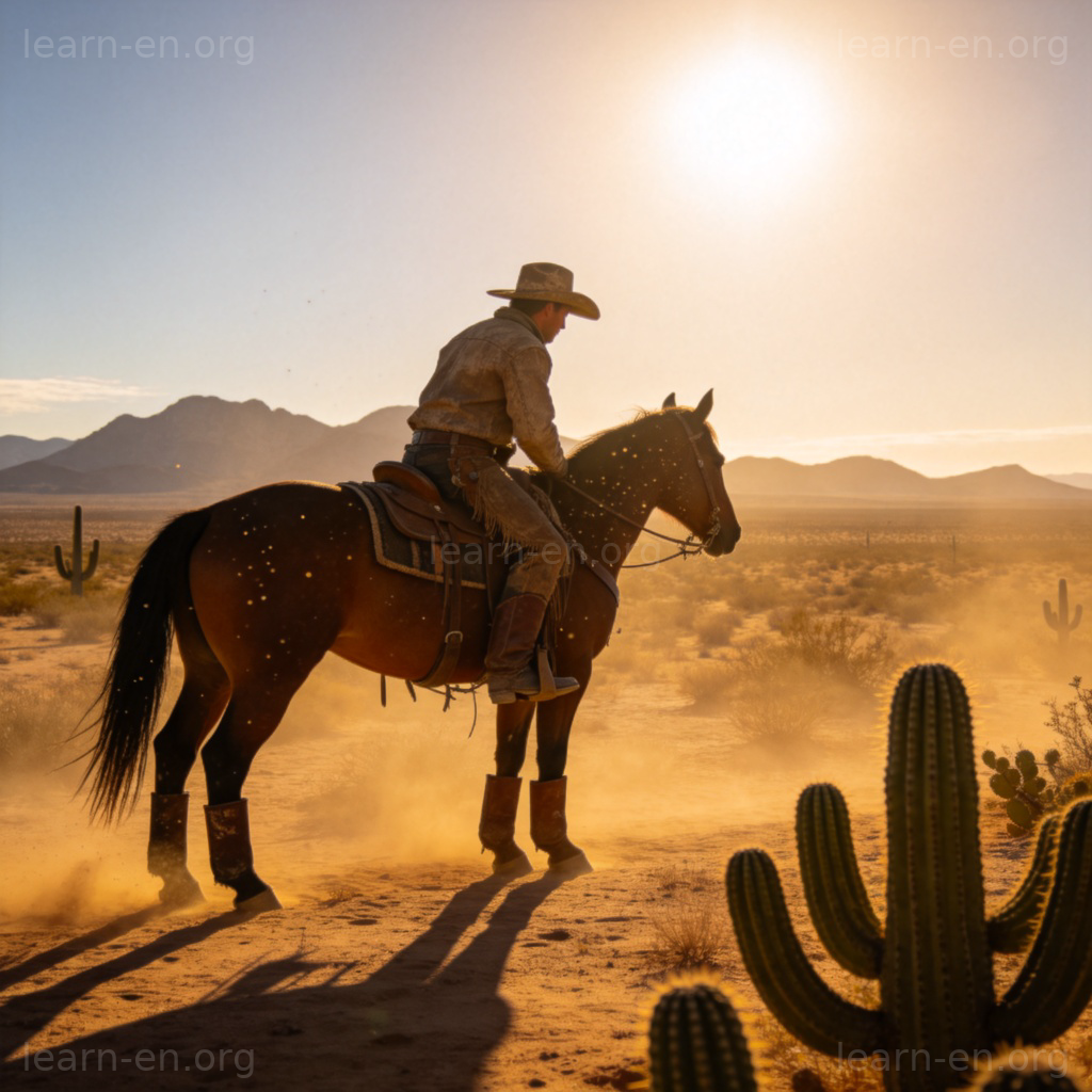 A lone cowboy on horseback wearing a hat and boots, standing in a vast, dusty desert landscape under a bright sun. Cacti and distant mountains are in the background. Cinematic, realistic photo style.