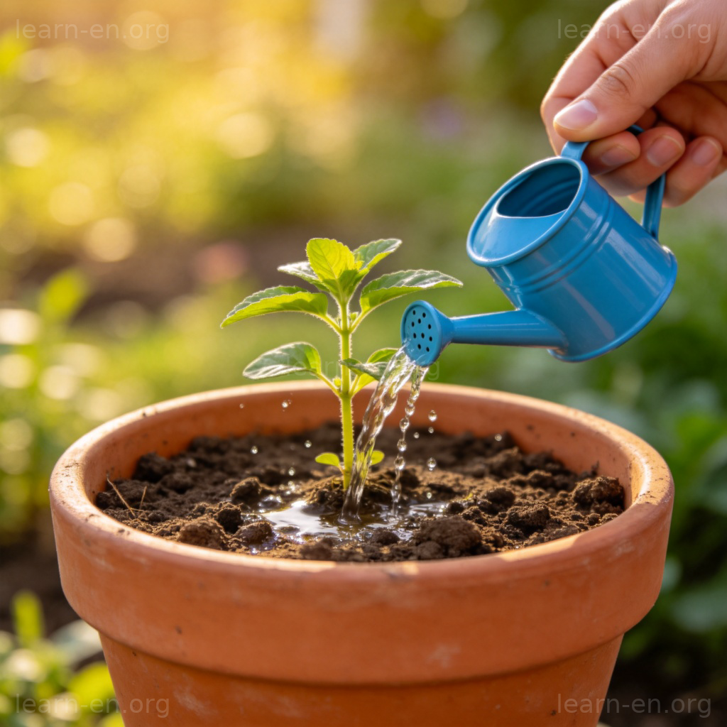 wet 动词图解：浇水动作演示如何弄湿土壤