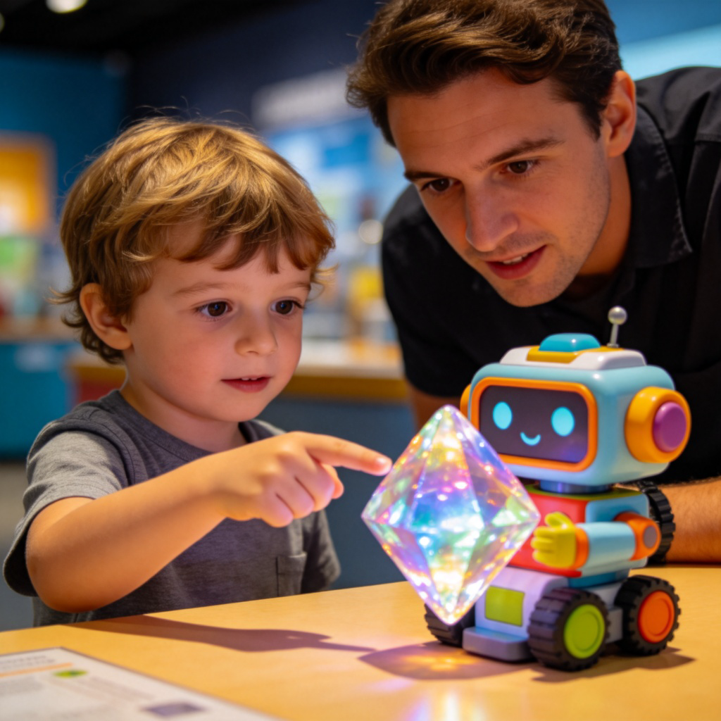 A young child pointing with a curious expression at a colorful, unusual object (like a glowing crystal or a complex but friendly-looking robot toy) on a table in a science museum. An adult (parent or guide) is beside them, looking ready to explain. Bright, natural lighting, focus on the child's pointing finger and the object. No text in the image.