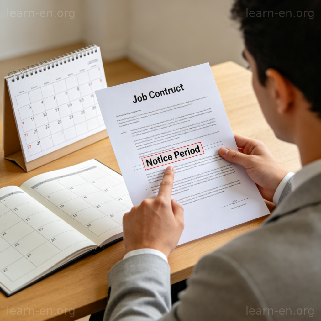 通知期(Notice Period)合同条款图解：员工查看合同并对照日历
