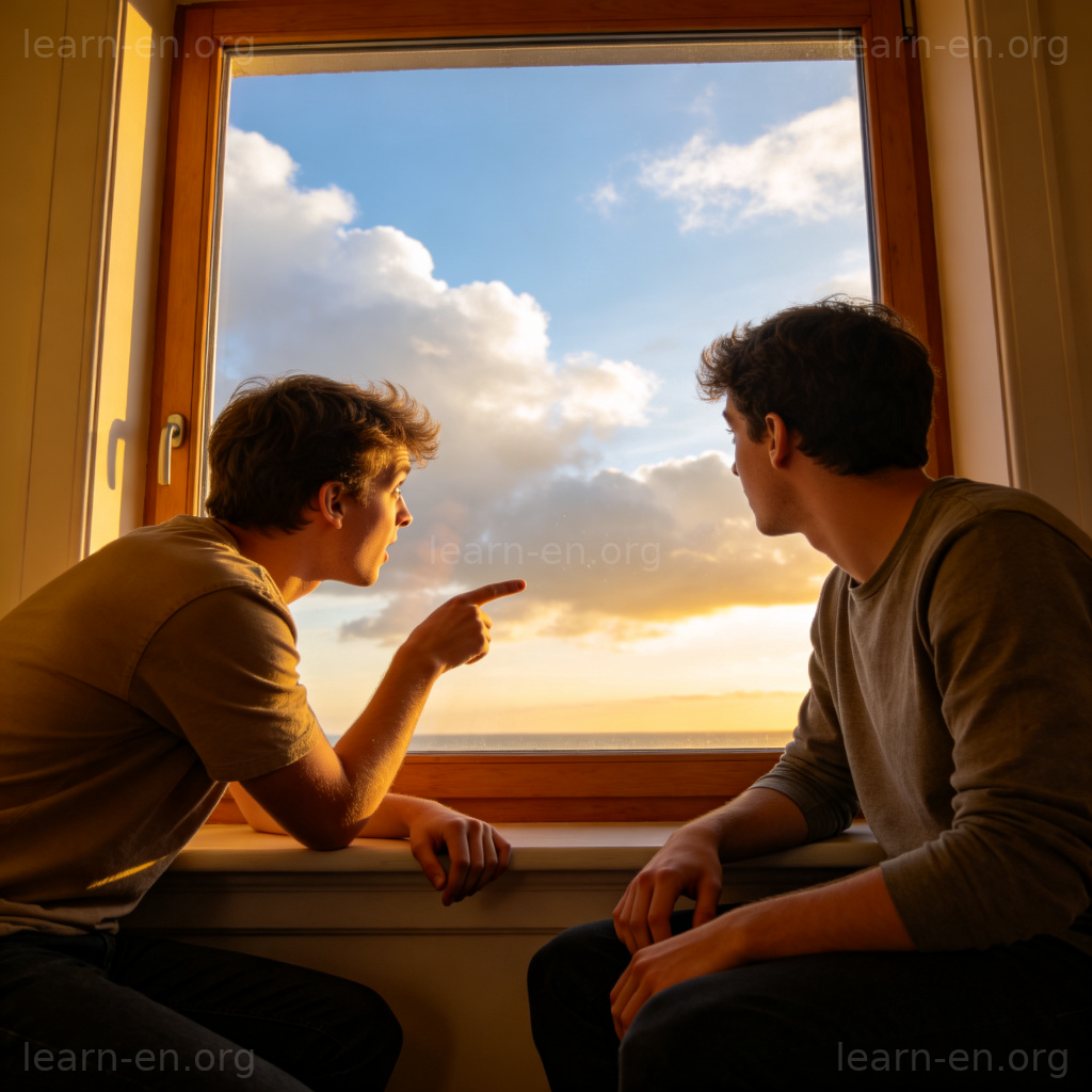 What's the weather like 场景图解：朋友在窗边询问天气状况