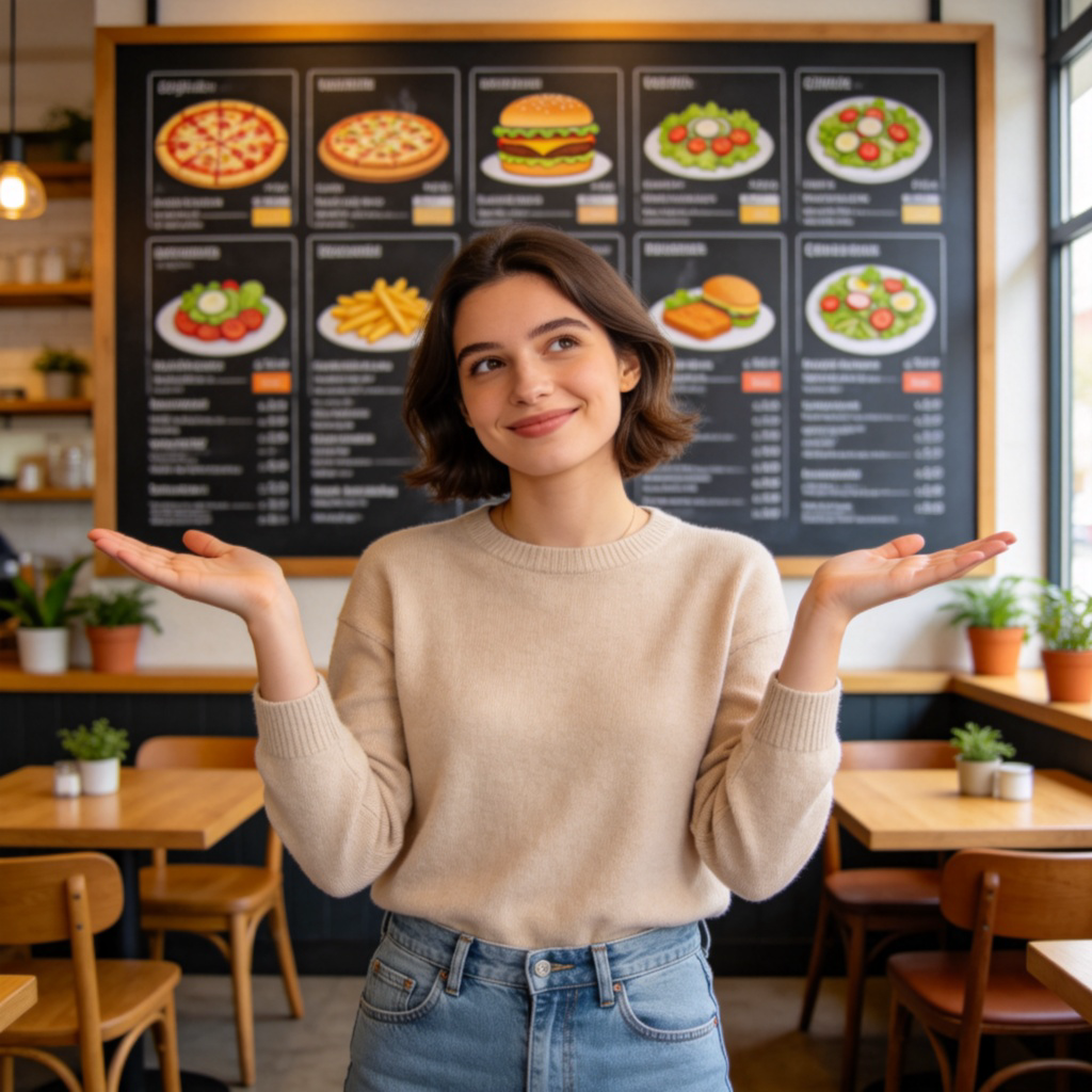 A person with a relaxed smile shrugging their shoulders, standing in front of a menu board with multiple options like 'Pizza', 'Burger', 'Salad'. The person's body language shows they don't mind any choice. Clean, well-lit cafe background. No text on the menu.