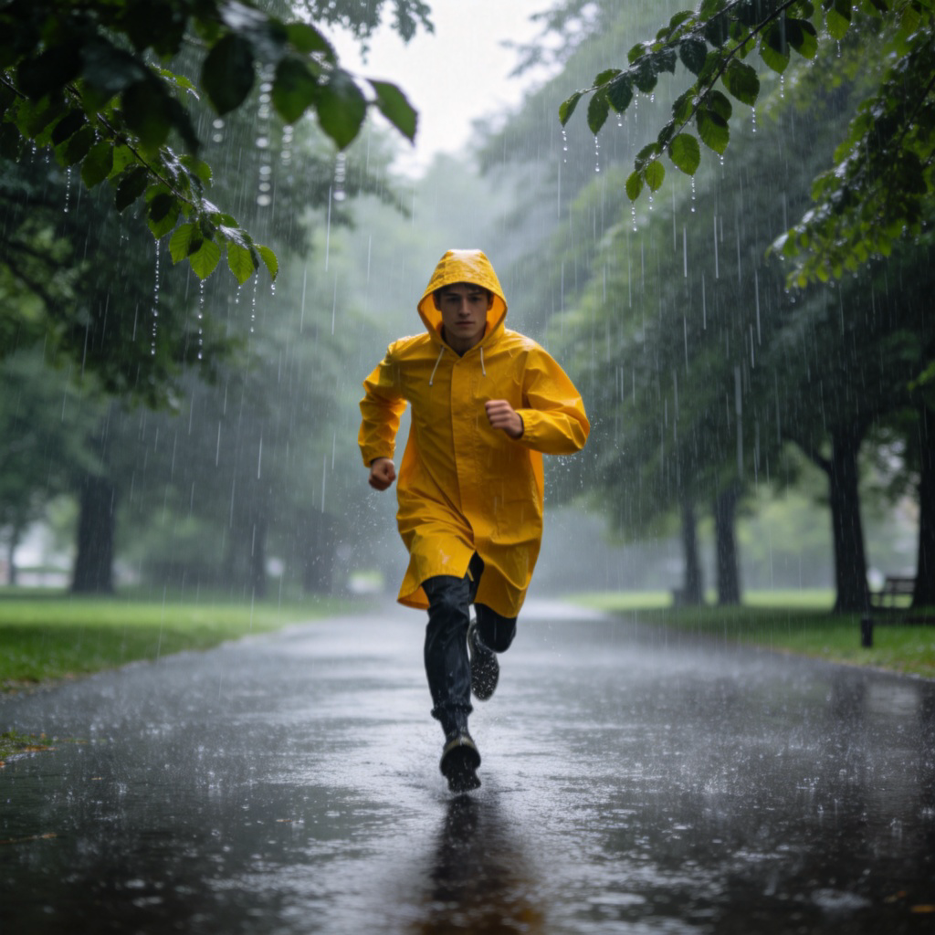 A determined person wearing a raincoat, running steadily through a park in heavy rain. They are focused ahead, showing commitment despite the bad weather. The scene is dynamic and wet, emphasizing persistence against conditions.