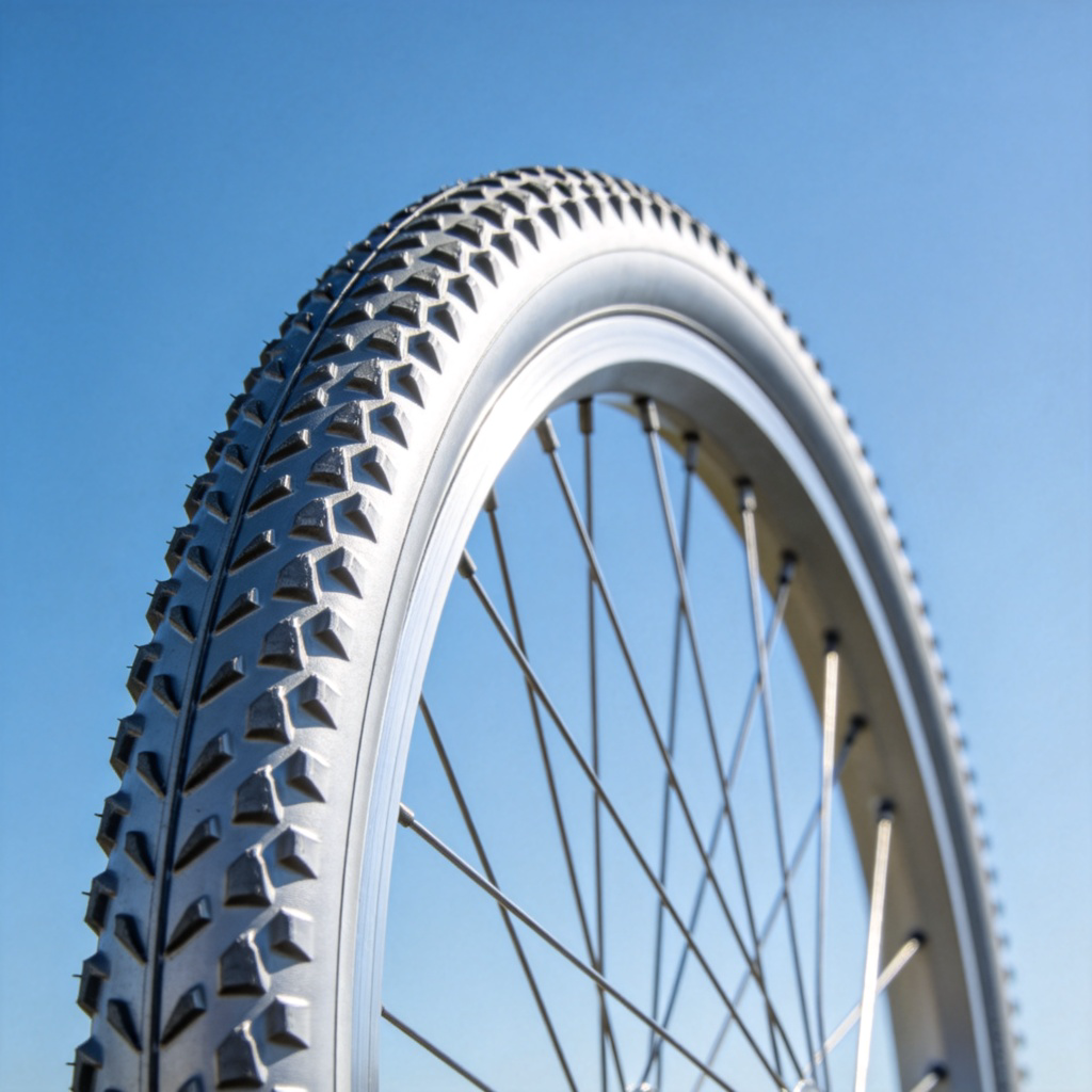 A close-up side view of a modern silver bicycle wheel against a clear blue sky. The tire tread is sharp and detailed, with a few spokes visible. The focus is entirely on the circular shape and the idea of rolling. No text or people.