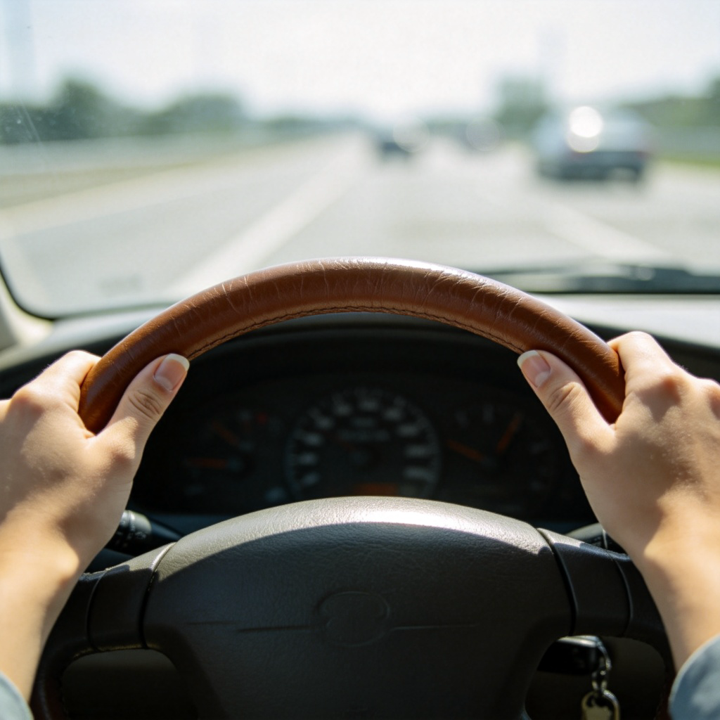 A driver's perspective view from inside a car, showing a pair of hands (gender-neutral) firmly holding the leather-covered steering wheel at the 10 and 2 o'clock positions. The road ahead is visible through the windshield. Focus on the hands and the wheel.