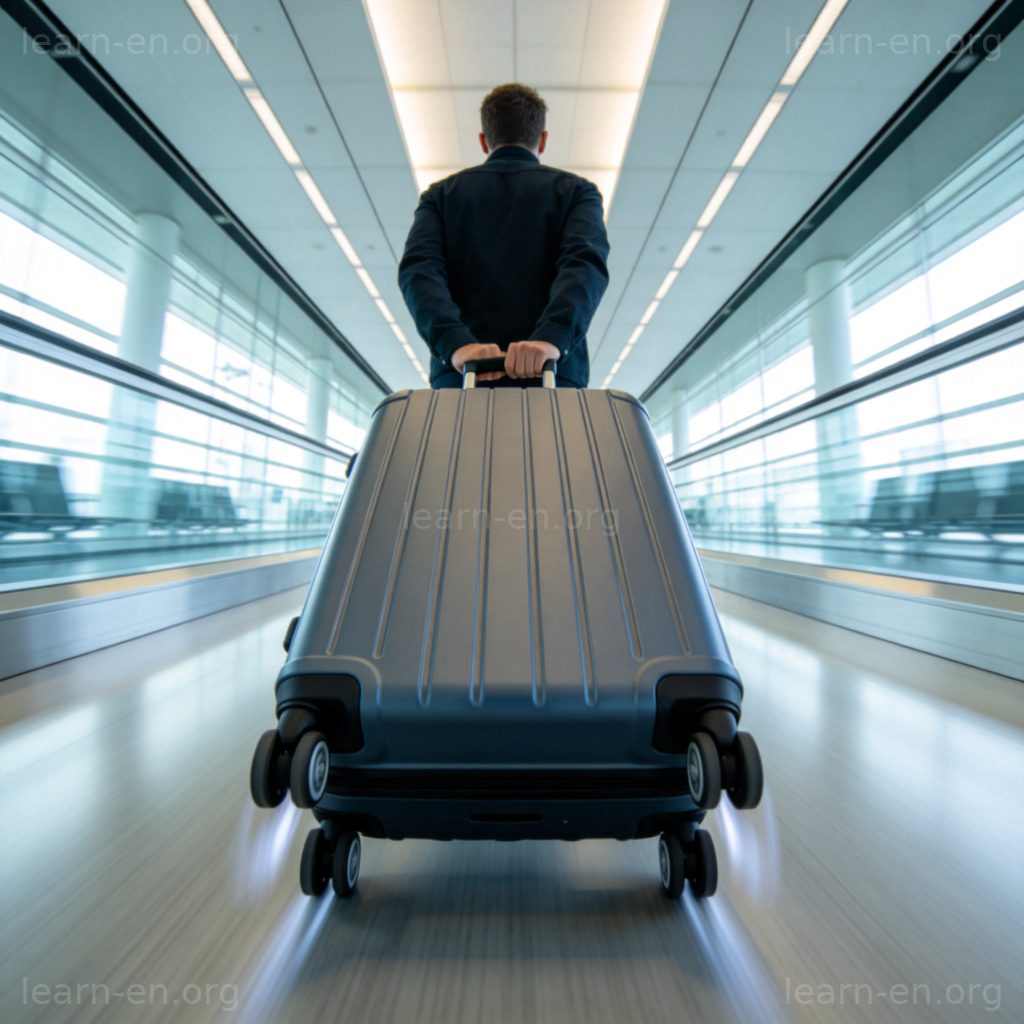 A person pushing a large, hard-shelled suitcase with wheels through a bright, modern airport corridor. The action of pushing and the rolling wheels are the focus. The person is from the back, showing motion. Clean, simple background.