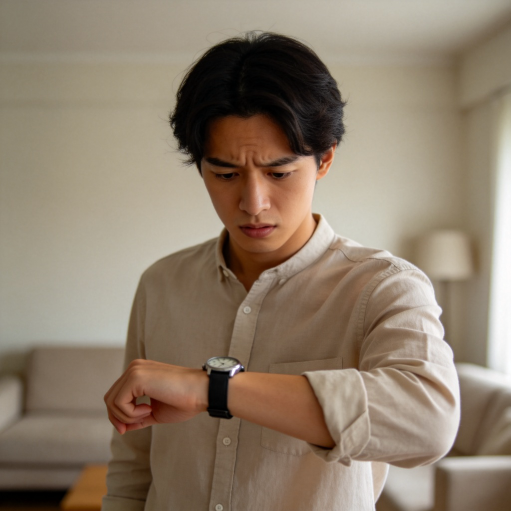 A person looking at their wristwatch with a slightly confused expression, as if they are asking about the time. They are standing in a simple, neutral indoor setting like a living room. The focus is on the person's face and the watch, with soft natural lighting. No text.
