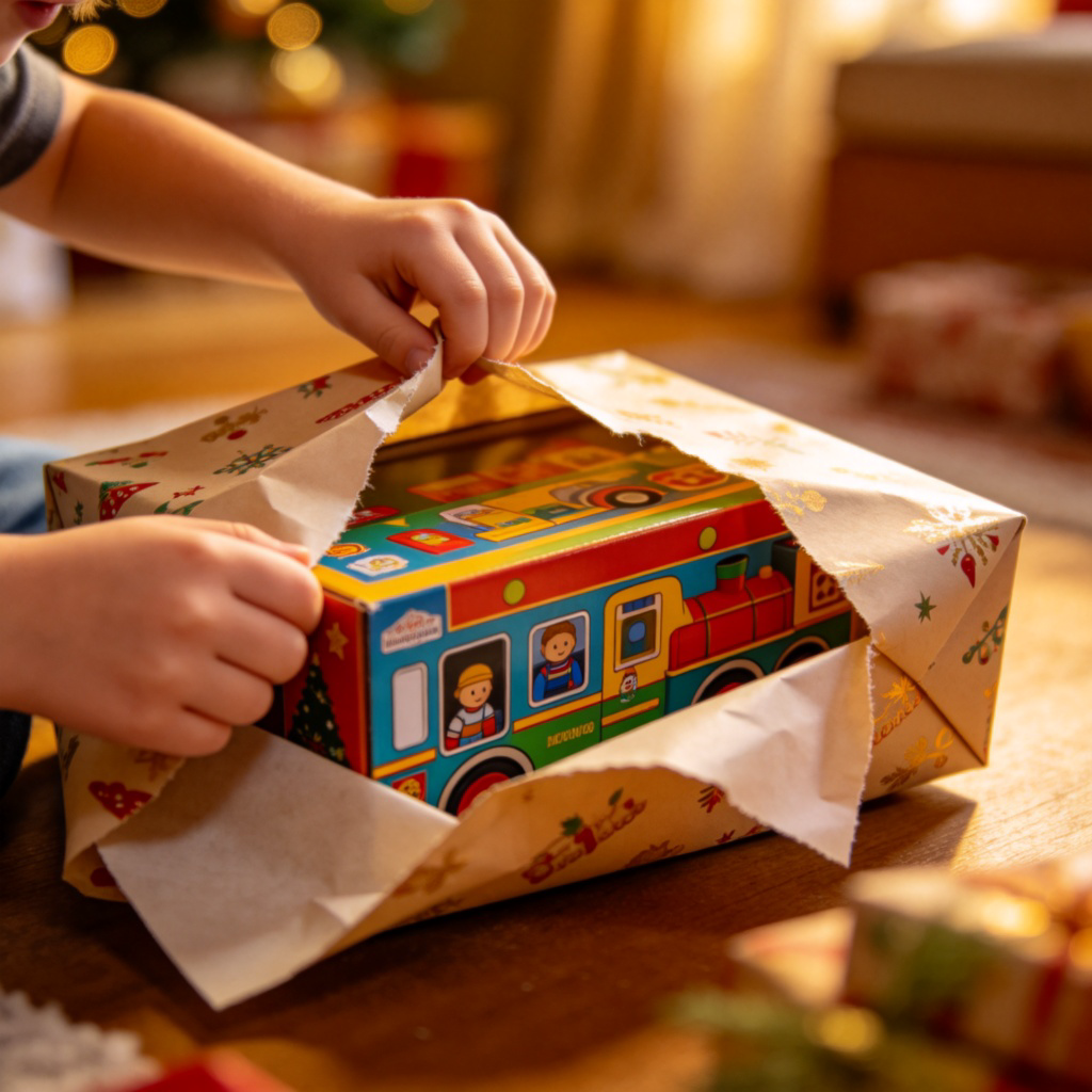 A child’s hands eagerly tearing open wrapping paper to reveal a colorful toy box underneath. The scene captures the exact moment of discovery and joy. The background is a cozy room with soft focus, highlighting the hands and the gift. No text.