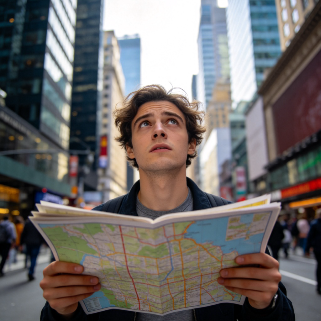 A person looking confused and lost in a busy city street, holding an unfolded map and looking around for directions. The scene is from a low-angle view, emphasizing the tall buildings and the person's searching expression. Natural daylight, clear focus on the person's face and map. No text.