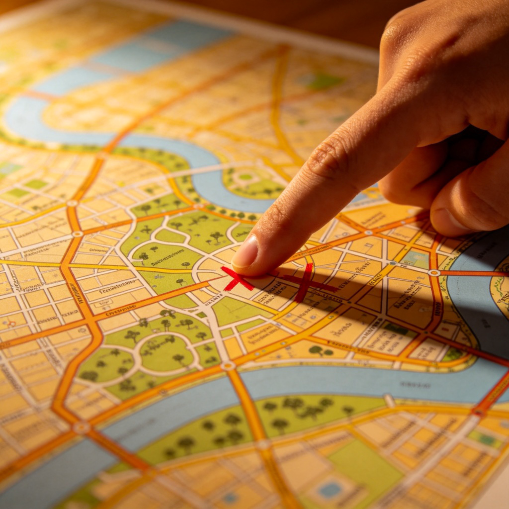 A hand pointing to a specific location on a large, colorful paper map. The location is marked with a small, hand-drawn red ‘X’. The rest of the map shows roads, parks, and a river. Close-up shot, focus on the finger and the ‘X’. Warm indoor lighting. No text.