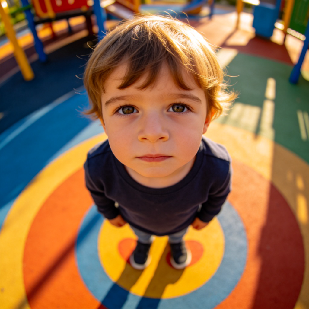A young child standing still on a colorful playground spot marker, looking expectantly towards the camera as if waiting for instructions. The background is a slightly blurred playground. Sunny day, focus on the child's patient expression and the spot under their feet. No text.