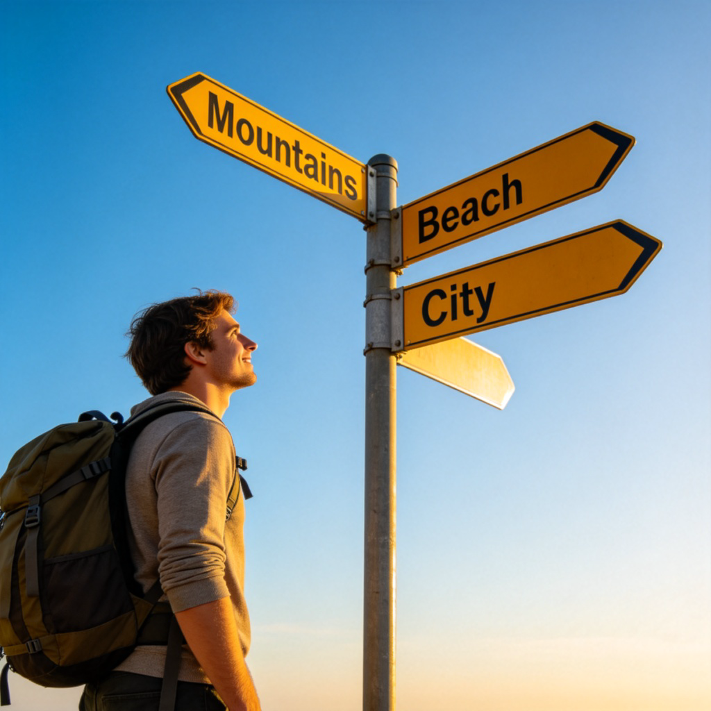 A person standing at a crossroads, looking thoughtfully at multiple signposts pointing in different directions. One sign says 'Mountains', another says 'Beach', a third says 'City'. The person has a backpack and an expression of open-minded exploration. Bright daylight, clear sky in the background. No text.