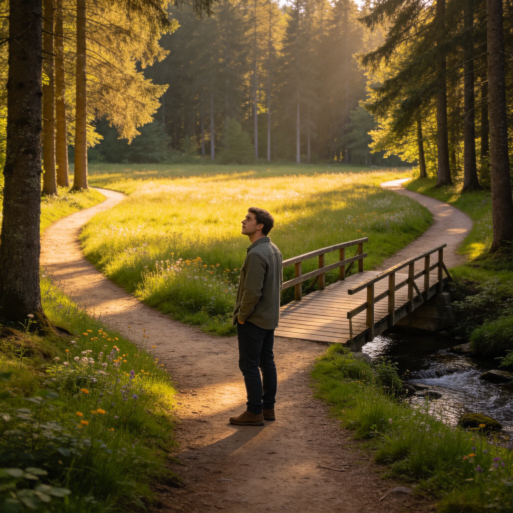 A person standing at a fork in a forest path, looking left and right with a thoughtful expression. One path leads to a sunny meadow, the other to a bridge. Natural lighting, clear focus on the person and the two choices. No text or signs.