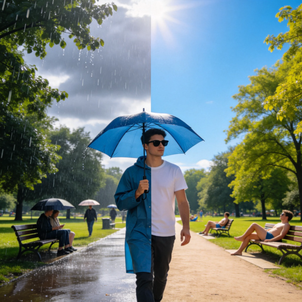 A split-screen image showing two different weather conditions over the same park. On the left side, it's raining and a person has an umbrella. On the right side, it's sunny and the same person is wearing sunglasses. Both sides show people enjoying the park, emphasizing the activity happens in both conditions. No text.