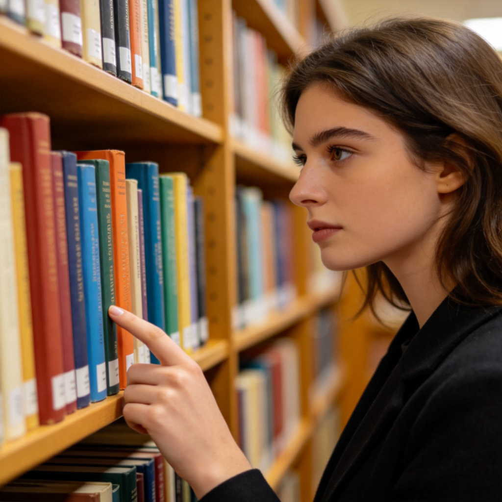 A person standing in front of a library shelf filled with books of different colors, looking thoughtfully at the selection, finger pointing at one book. The scene is clear and well-lit, focusing on the person's indecision among multiple options. No text or logos.