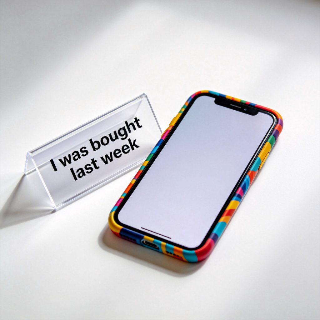 A close-up shot of a smartphone with a colorful case. Next to it, a speech bubble or a transparent text box appears, containing the sentence: "I was bought last week." The image visually connects the object (phone) with the extra information about it. Clean background, no text on the phone screen.
