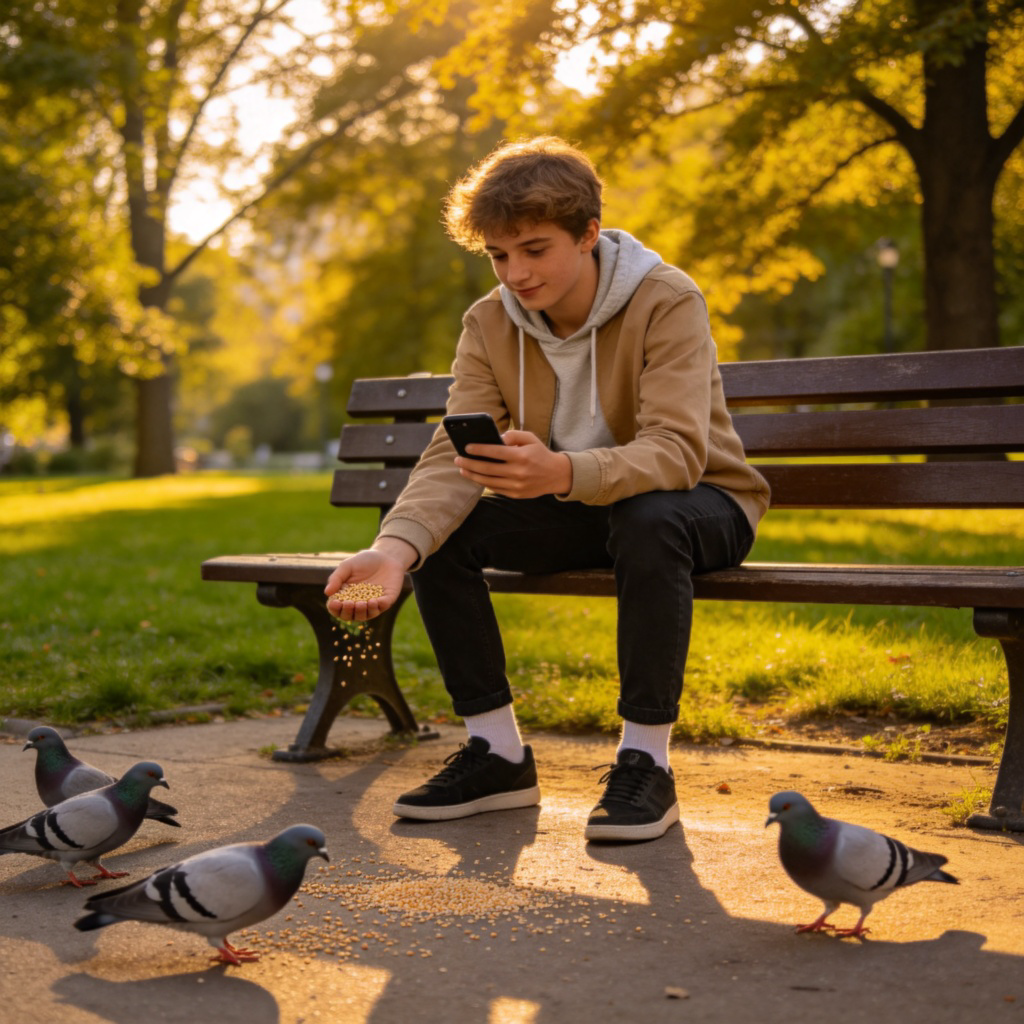 A young person sitting on a park bench, looking at their smartphone with one hand, while casually tossing bird seed with the other hand. A few pigeons are pecking at the ground nearby. Sunny day, relaxed atmosphere. No text.
