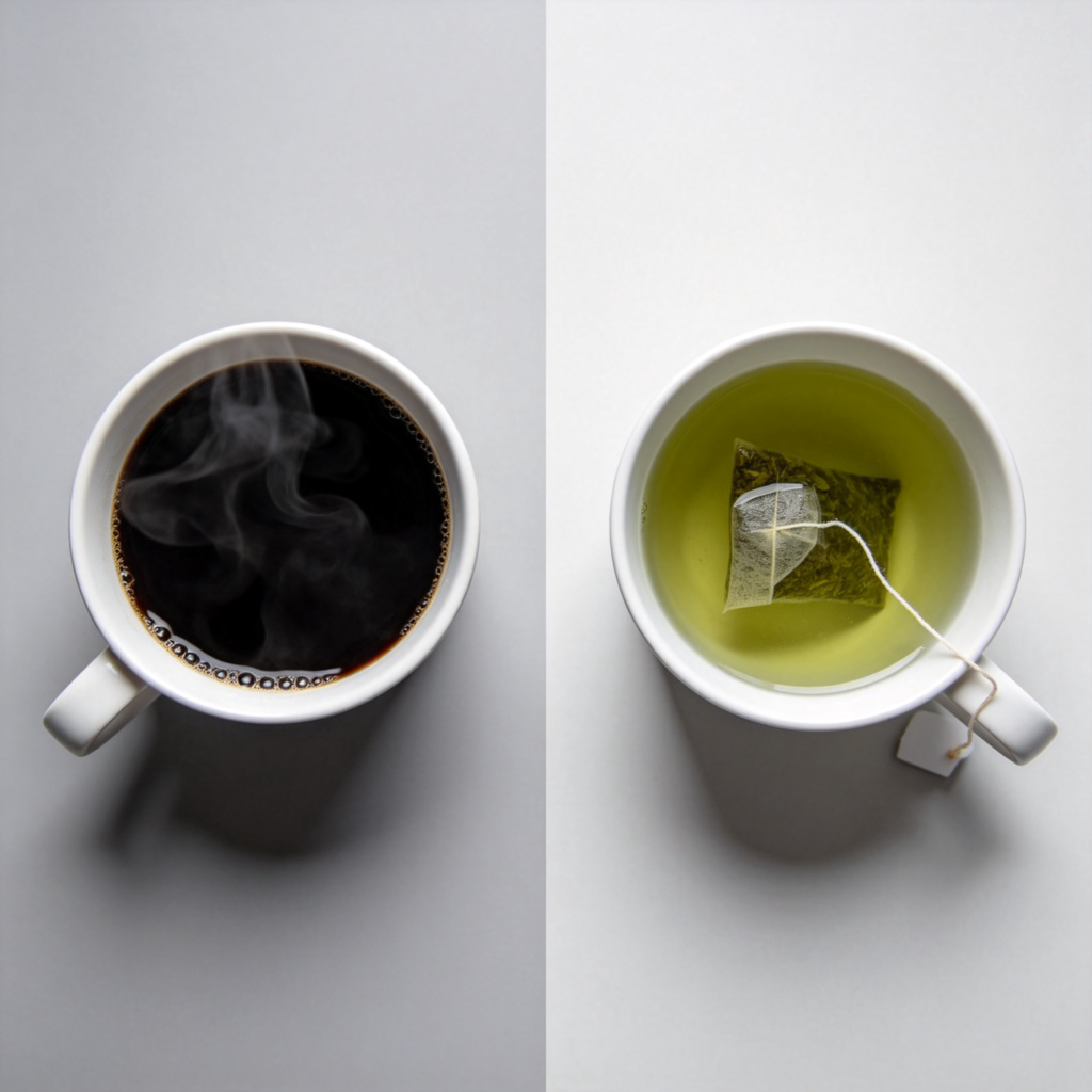 Two side-by-side images on a split screen. On the left, a cup of black coffee with steam rising. On the right, a cup of green tea with a tea bag string hanging over the rim. Plain light grey background, overhead shot, focus on the contrast between the dark coffee and light tea. No text.