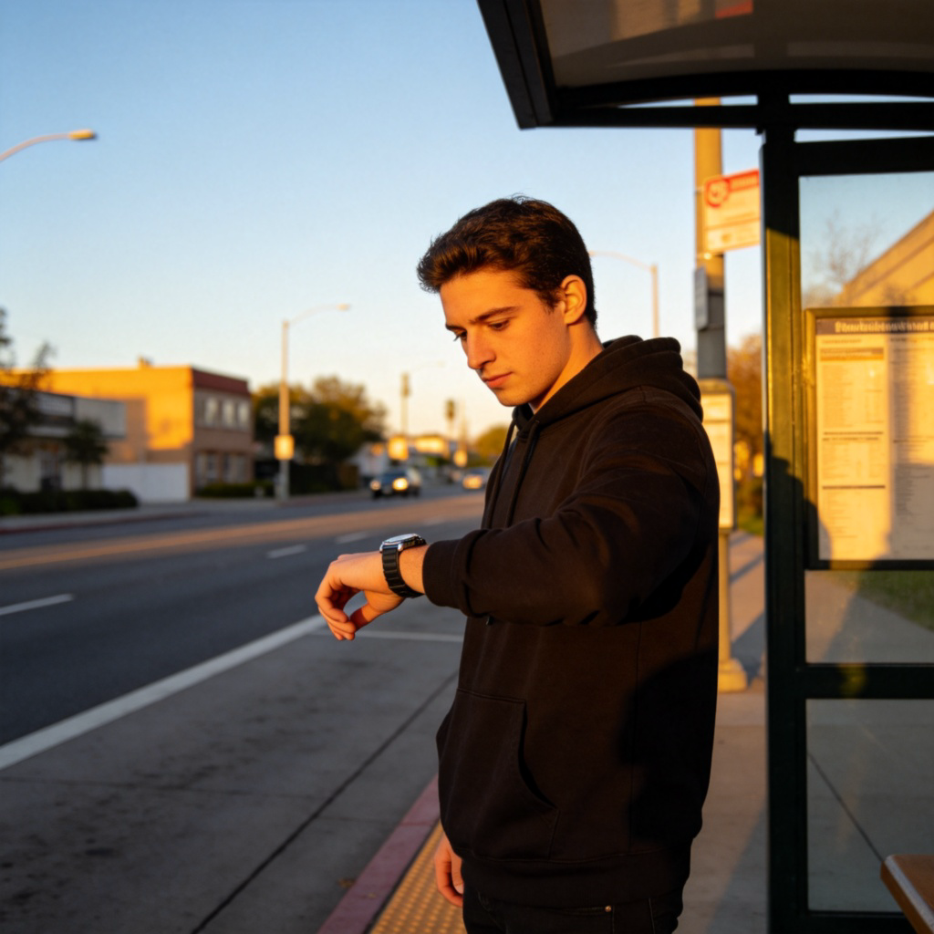 A person standing at a bus stop, glancing at their wristwatch. They look patient but slightly expectant. The street is quiet, with soft afternoon light and a clear sky. The focus is on the person and the act of waiting. No text, no visible bus.