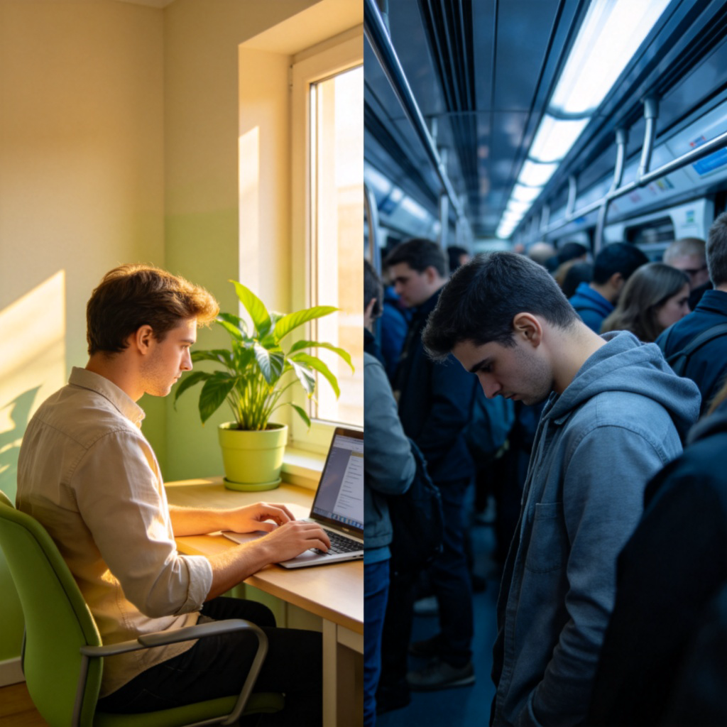 whilst 对比场景：居家办公与地铁通勤的鲜明反差