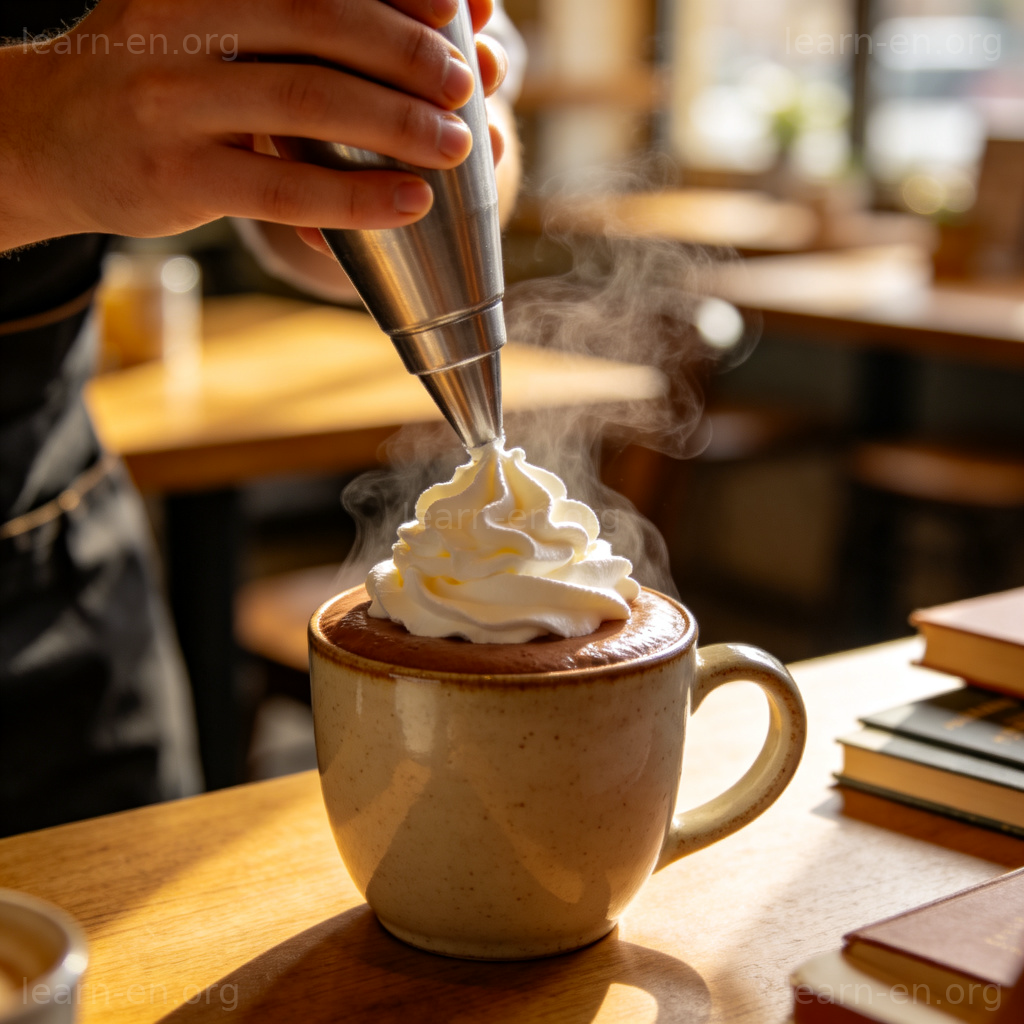 Whipped Cream 图解：咖啡师在热巧克力上挤蓬松鲜奶油的场景