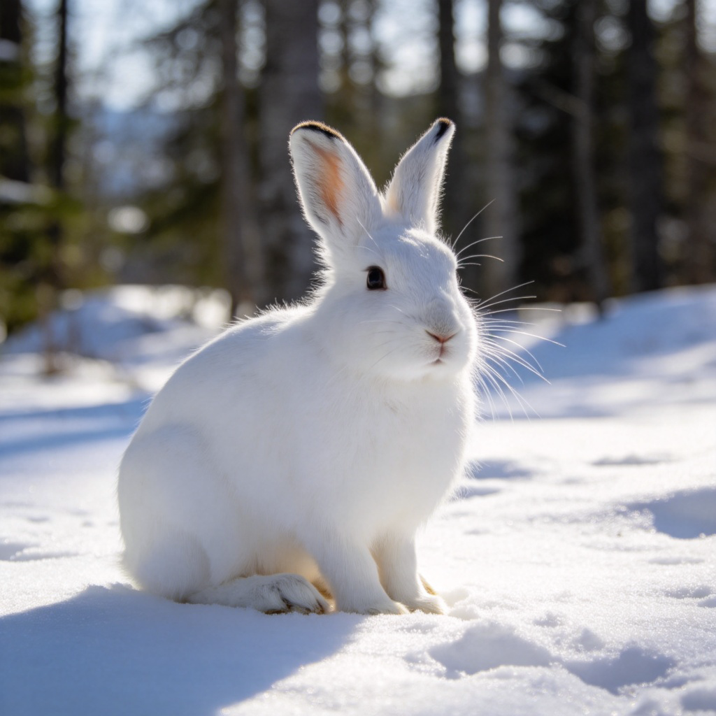 A close-up photo of a white rabbit sitting on fresh, clean snow in a bright, sunny forest clearing. The rabbit's fur is pure white and fluffy, contrasting with the crisp white snow. Focus is on the rabbit, with a soft, natural background. No text or logos.