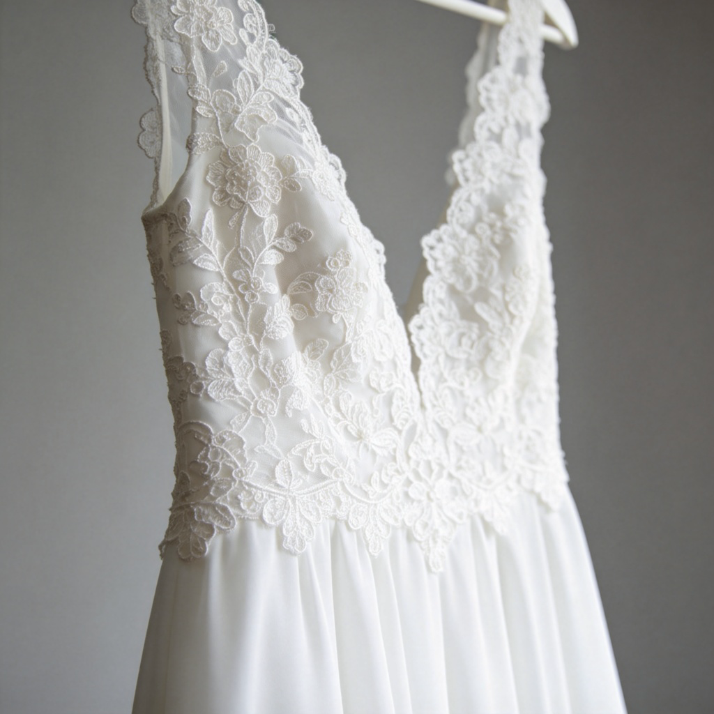 A detailed close-up of a pure white, lace wedding dress hanging against a plain, soft grey background. The fabric is crisp, clean, and the focus is entirely on the intricate texture and the symbolic whiteness of the dress. No people or text in the image.