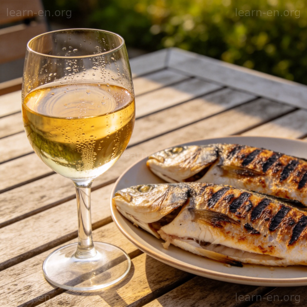 Verre de vin blanc doré sur une table avec poisson grillé
