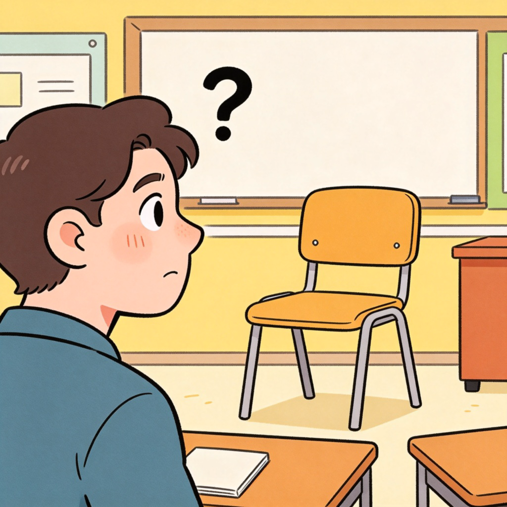 A person with a confused expression, looking towards an empty chair or a silhouette, with a question mark above their head. Simple, cartoonish style, bright colors. The scene feels like a classroom or a casual meeting. The main focus is the person's questioning expression and the empty spot they are looking at.
