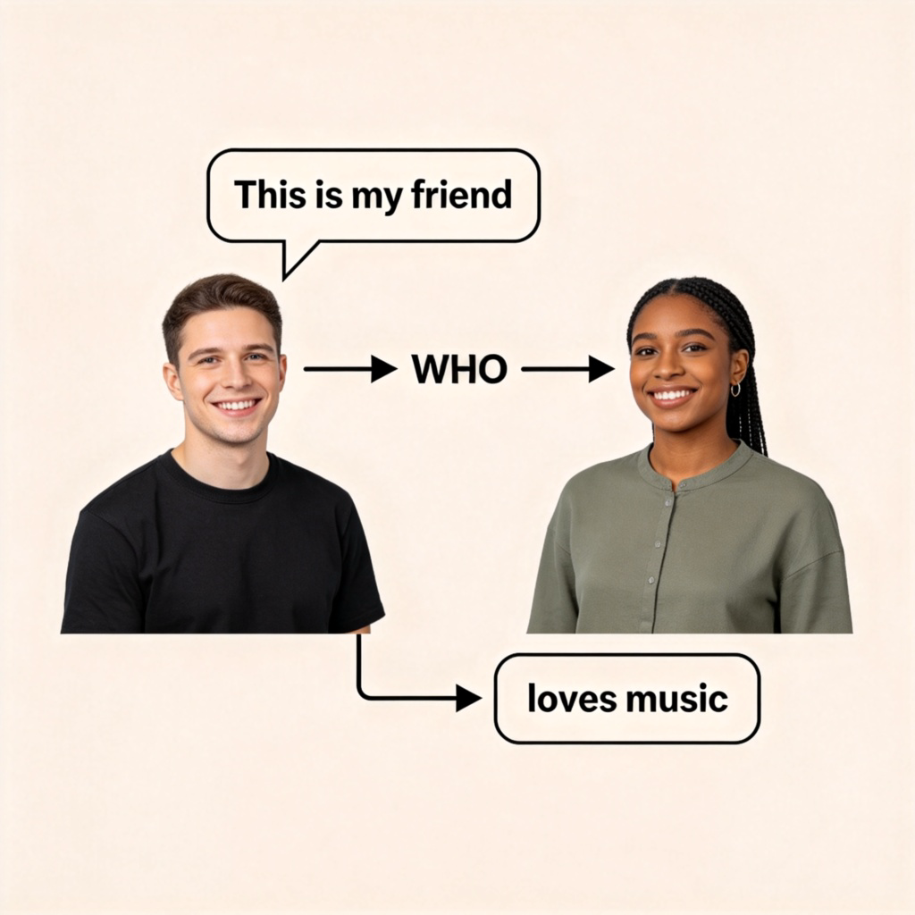 A simple diagram or cartoon showing two people. Next to one person is a speech bubble with a sentence ending. An arrow points from that person to the word "WHO", and then another arrow points from "WHO" to a second sentence that describes the first person, like "loves music". Clean lines, minimal background, educational poster style.
