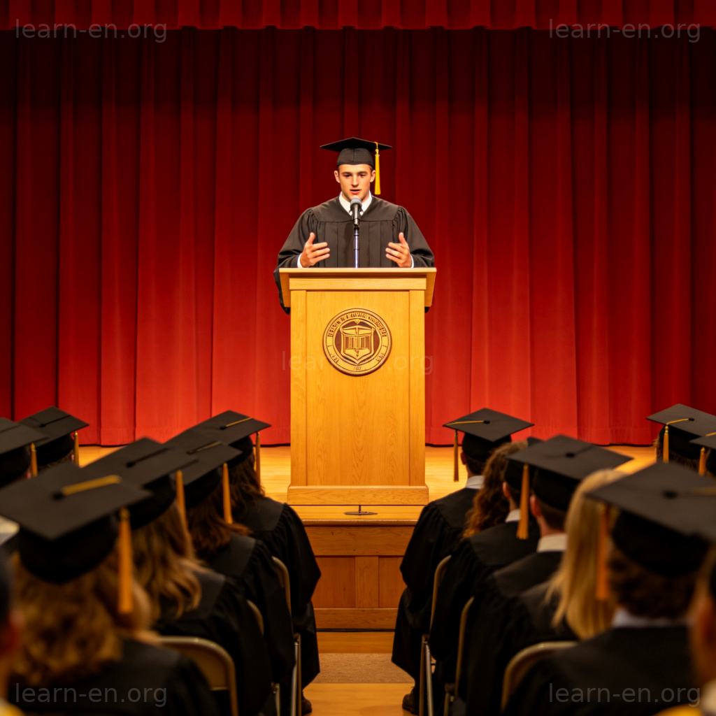 告别演讲场景图解：毕业生代表在讲台发表演讲