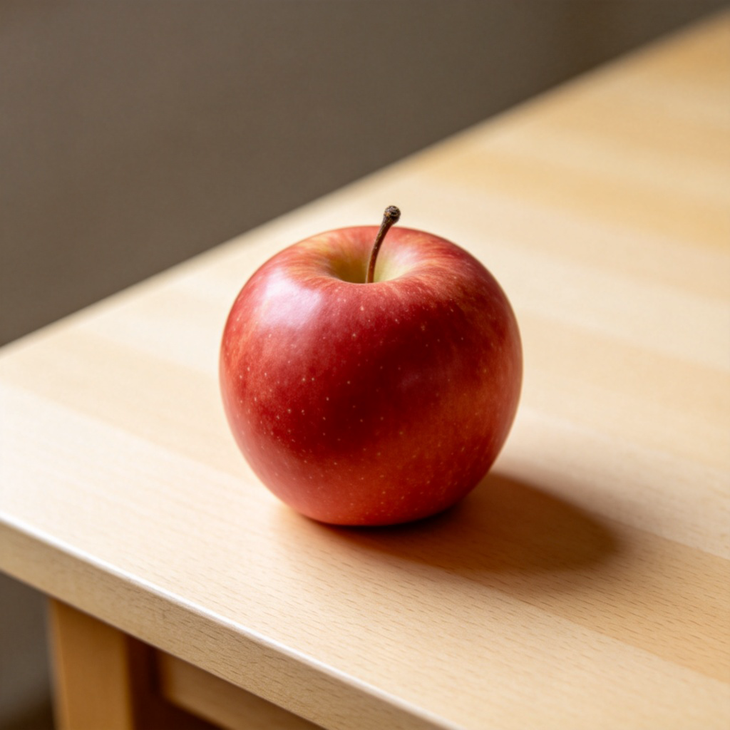A single, perfectly round red apple sitting alone on a clean, light-colored wooden table. The apple is whole, with no bites, cuts, or bruises. The lighting is soft and natural, focusing clearly on the apple. No other objects or text in the frame.