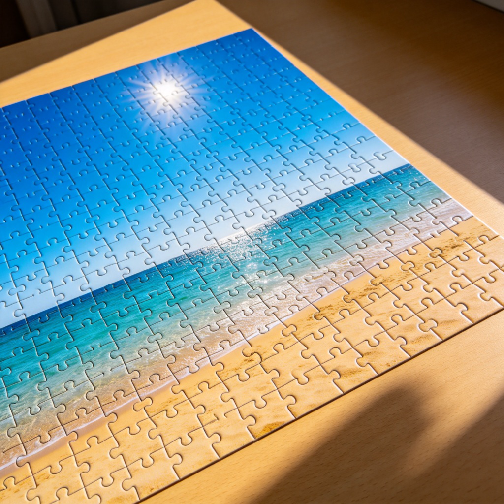 A completed jigsaw puzzle showing a vibrant picture of a sunny beach. All the pieces are perfectly connected, forming one seamless image. Shot from directly above on a plain table. No missing pieces and no text.