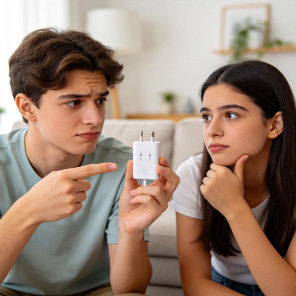 A simple, clear scene of two young people in a casual living room. One person is holding up a mobile phone charger with a confused but friendly expression, pointing at it with their other hand. The other person is looking at the charger, thinking. The focus is on the charger and the questioning gesture. Natural indoor lighting, realistic style. No text.