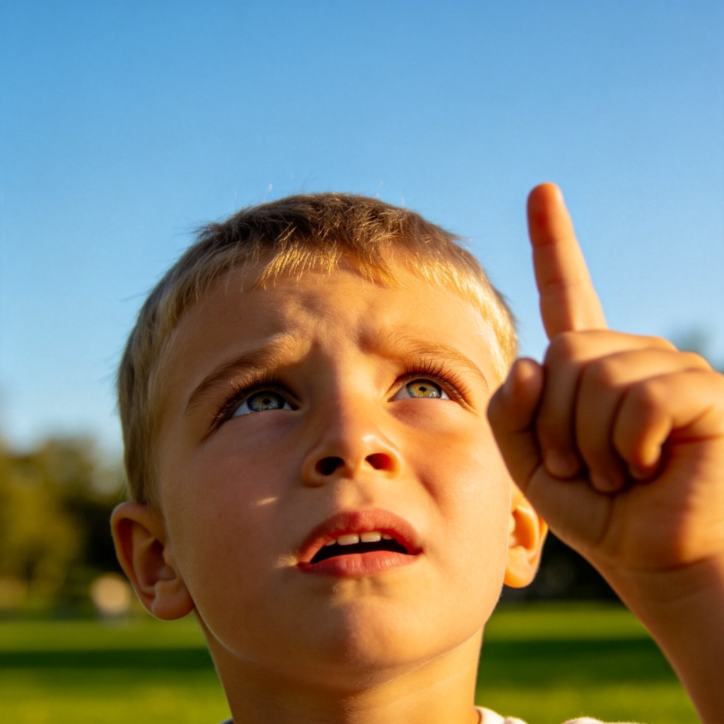 A curious child with a puzzled expression, pointing a finger upwards towards a clear blue sky as if asking a question. The child is standing in a sunny park, with simple green grass in the background. Focus on the child's face and pointing gesture. No text.