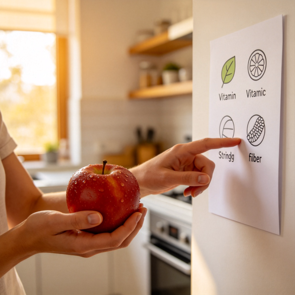 A person in a modern home kitchen, gently holding a fresh apple in one hand and pointing with the other hand to a simple poster on the wall that lists benefits like 'vitamins' and 'fiber'. Soft, natural light from a window. Focus on the person's hands and the poster. No text.