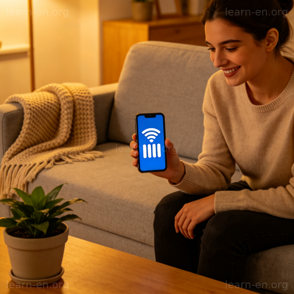 Wi-Fi信号图解：用户在家中查看手机满格Wi-Fi信号，表情满意