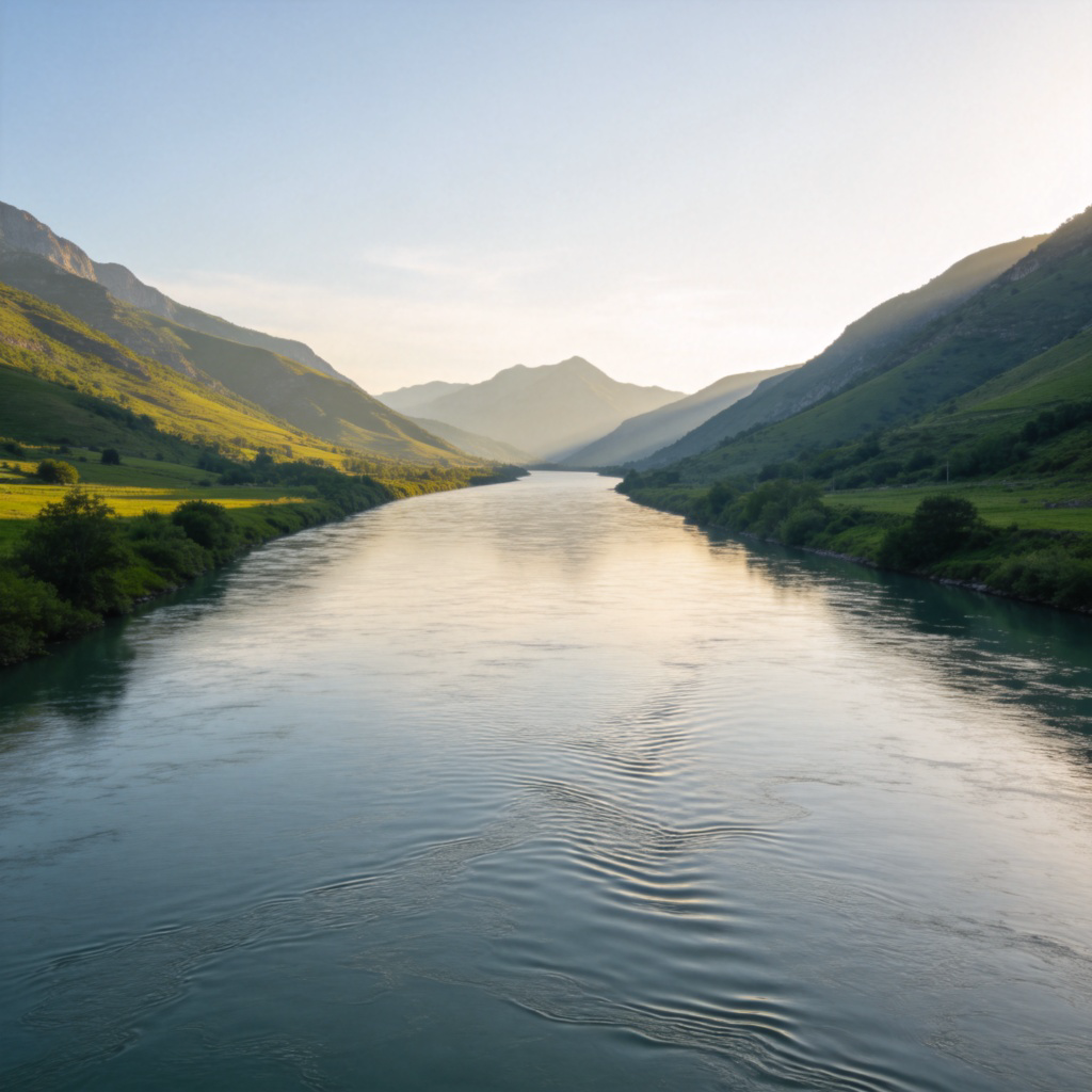 A wide, calm river flowing through a green valley, with mountains in the far distance. The river clearly takes up most of the width of the valley floor. Photorealistic style, daytime, peaceful scene. No text or people.