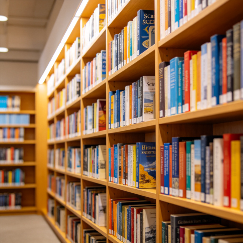 A well-lit library bookshelf filled with books on many different topics: science, art, history, travel. The camera focuses on the variety of colorful spines. Clean, modern library setting. No text on the books.