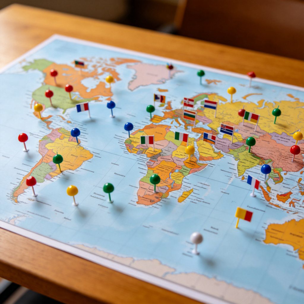 A colorful world map on a table, with colorful pins or small flags marking many different cities across all continents. The map is well-lit, and the pins are spread out to show wide distribution. No text on the map or pins.