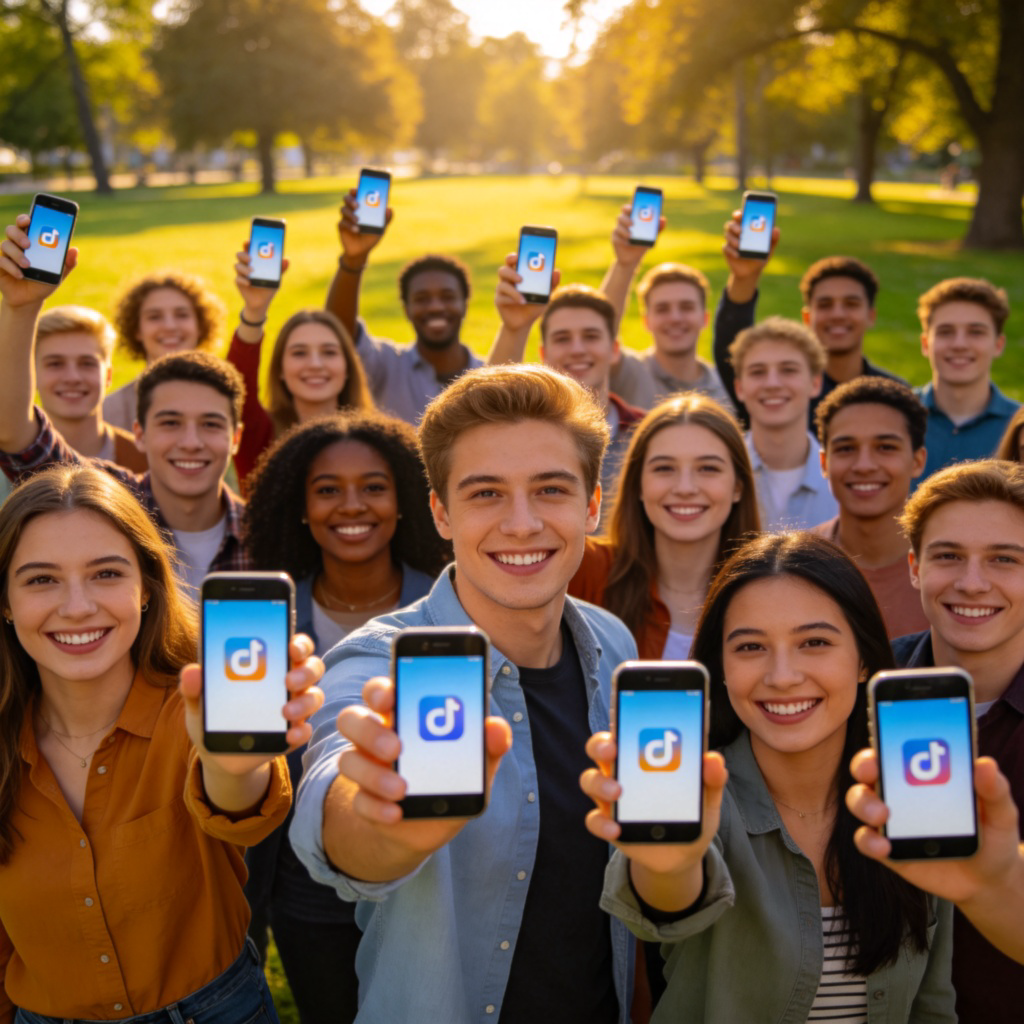 A crowd of diverse, smiling people in casual clothes, all holding up their smartphones. The screens of all the phones are lit up and show the same popular app icon. The people are standing in a park on a sunny day.
