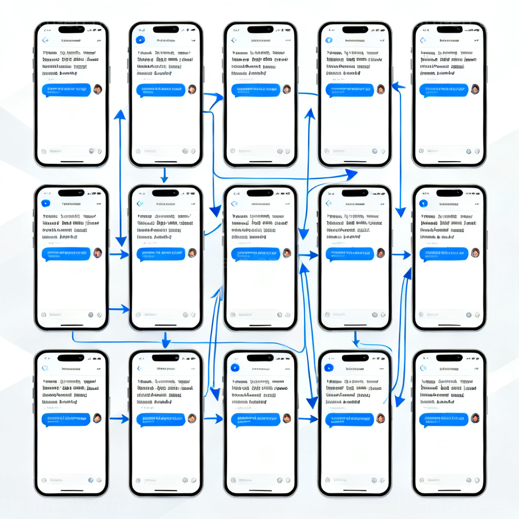 Widespread information flow shown by a grid of smartphone screens sharing the same headline.