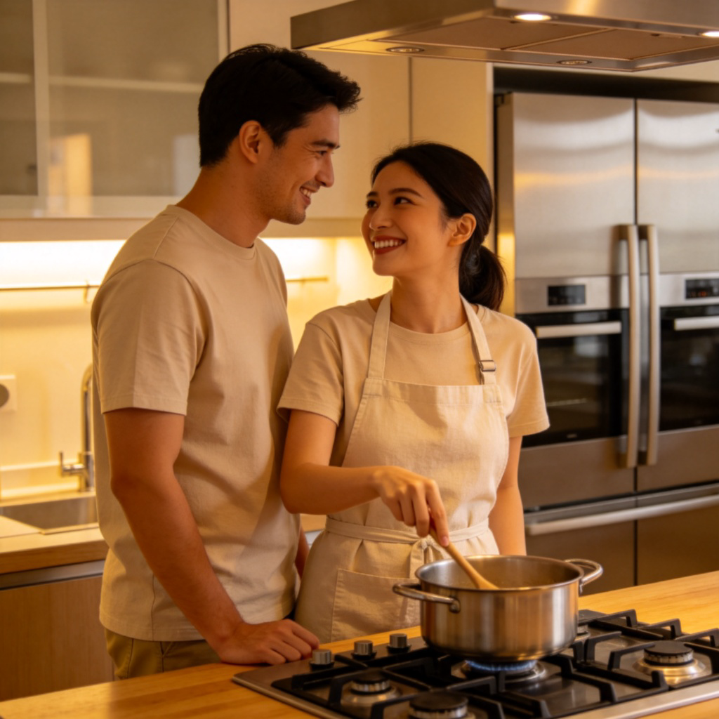 A warm and cozy family dinner scene in a modern kitchen. A husband and wife are standing together, smiling and talking. The wife is wearing an apron and gently stirring a pot on the stove. The lighting is soft and inviting, focusing on their interaction and the domestic activity. No text or logos.